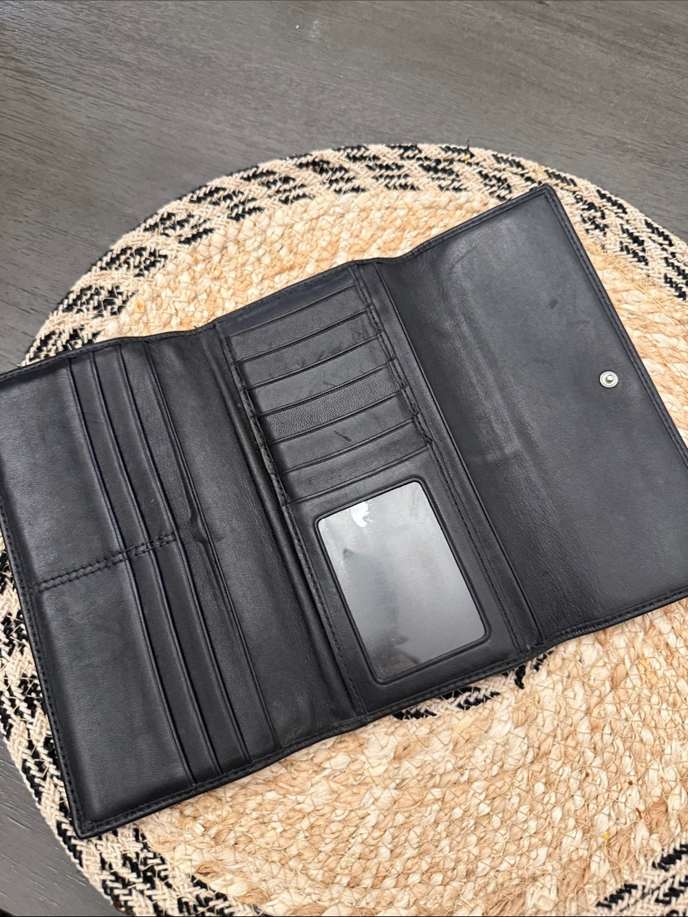 Coach Signature C Monogram Trifold Wallet Black Grey Jacquard Canvas Leather - Picture 8 of 11